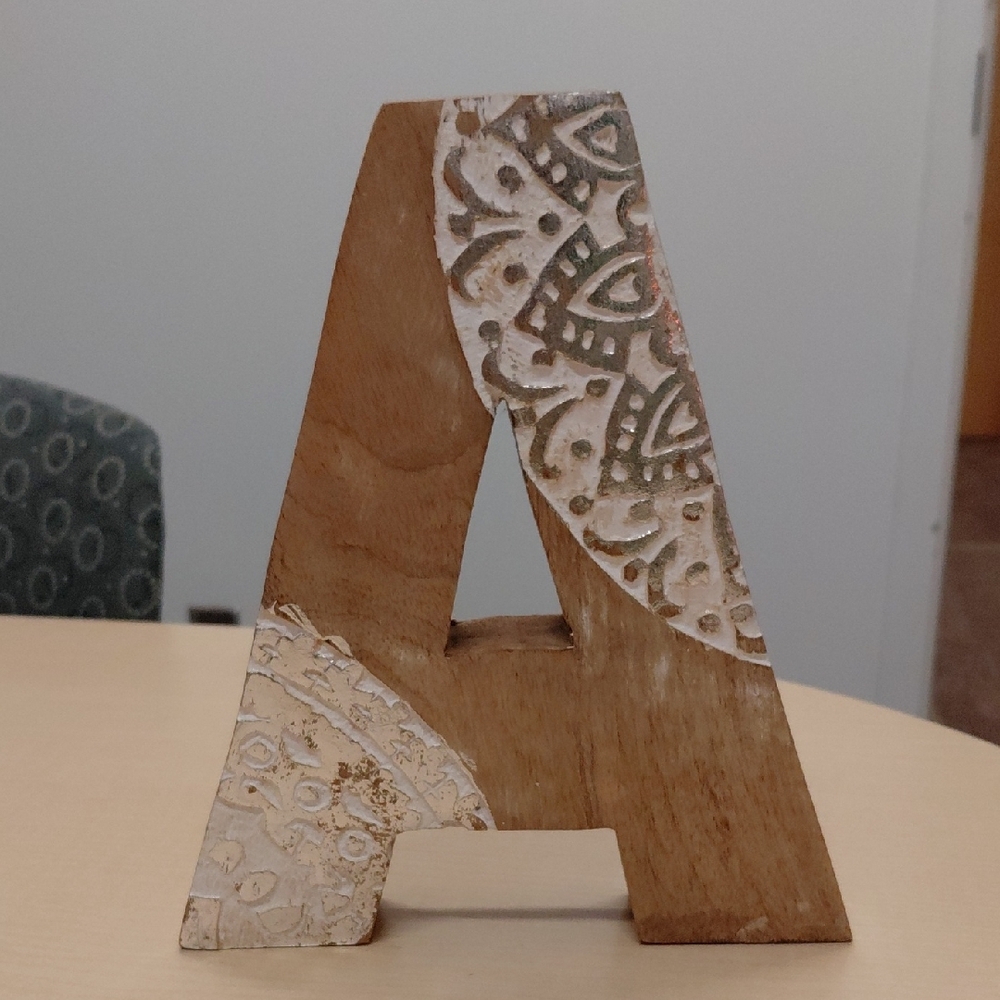 Decorative Wooden Letter A with White Carved Accents